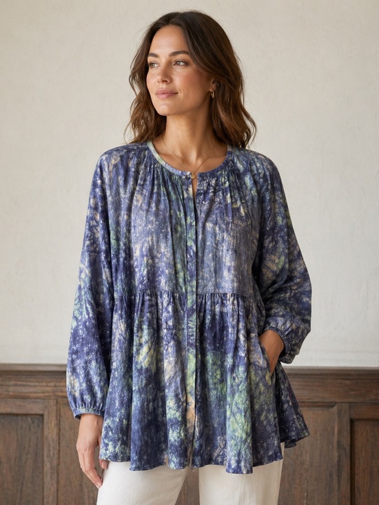 CAbi Tops - CAbi Tie Dye Blouse M Blue Green Linen Blend Button Front Boho Babydoll Top